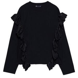 ZARA Eyelet Crewneck Ruffle Long Sleeve Sweatshirt Top Black